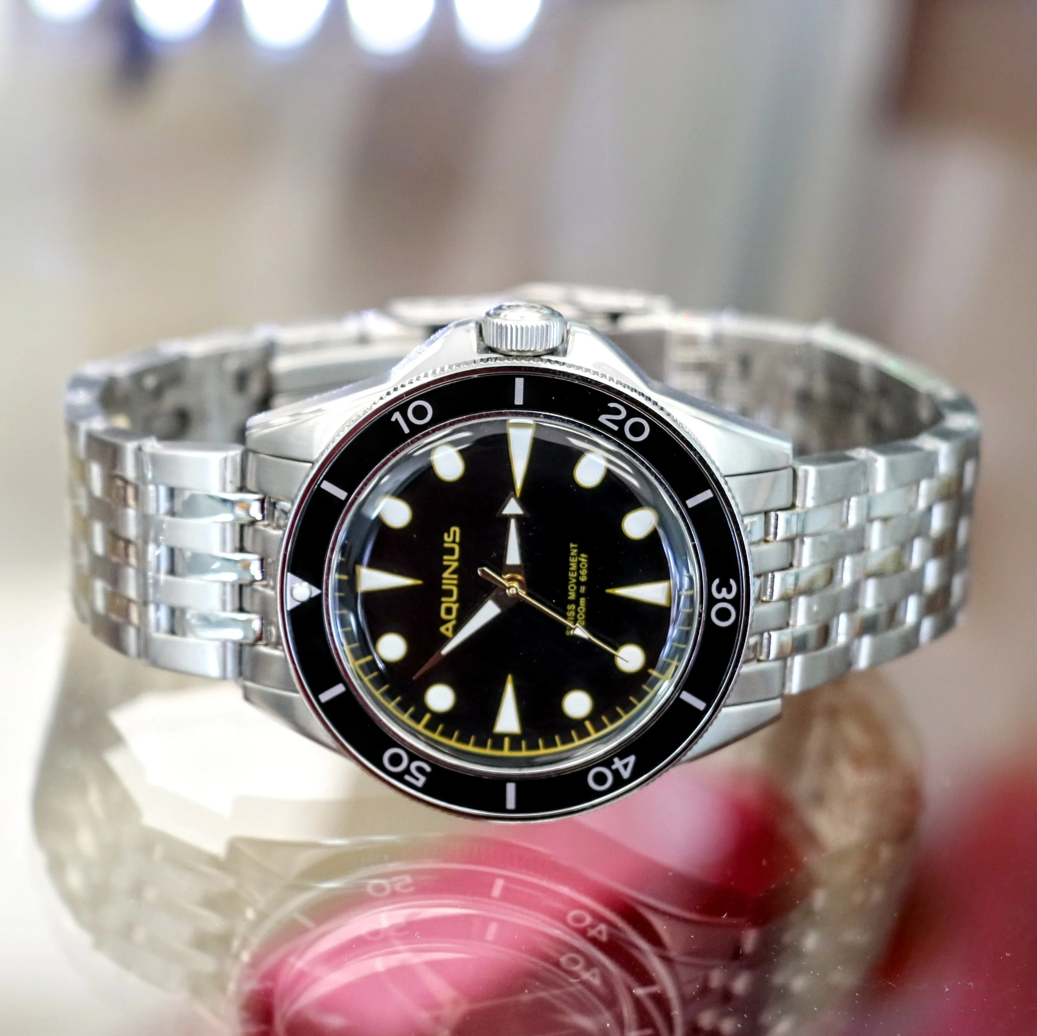 Brand-New! AQUINUS Marellio Dive Watch 200m Ref. ASSQR7BSBR001 Swiss Made Wristwatch ALL S.S.