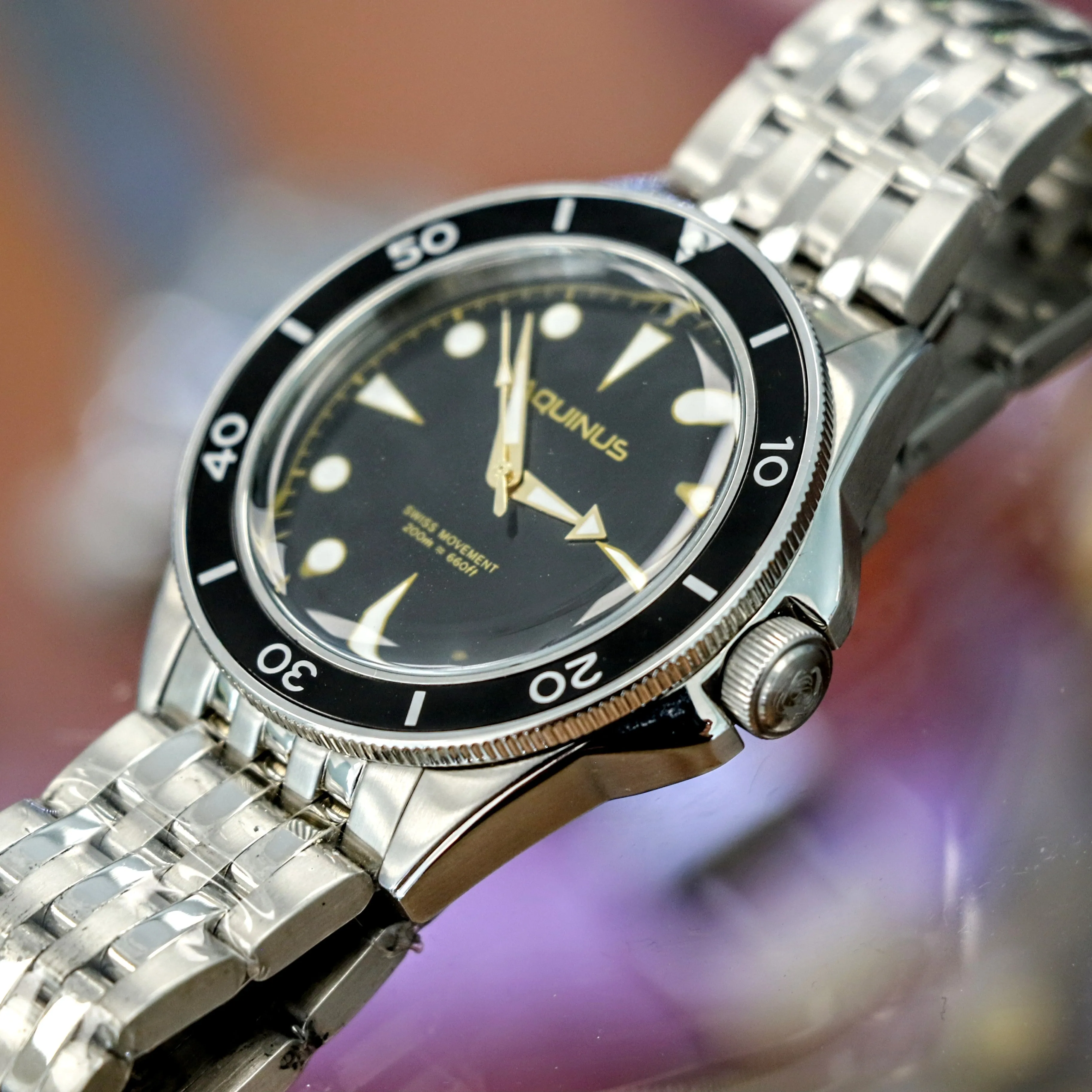 Brand-New! AQUINUS Marellio Dive Watch 200m Ref. ASSQR7BSBR001 Swiss Made Wristwatch ALL S.S.