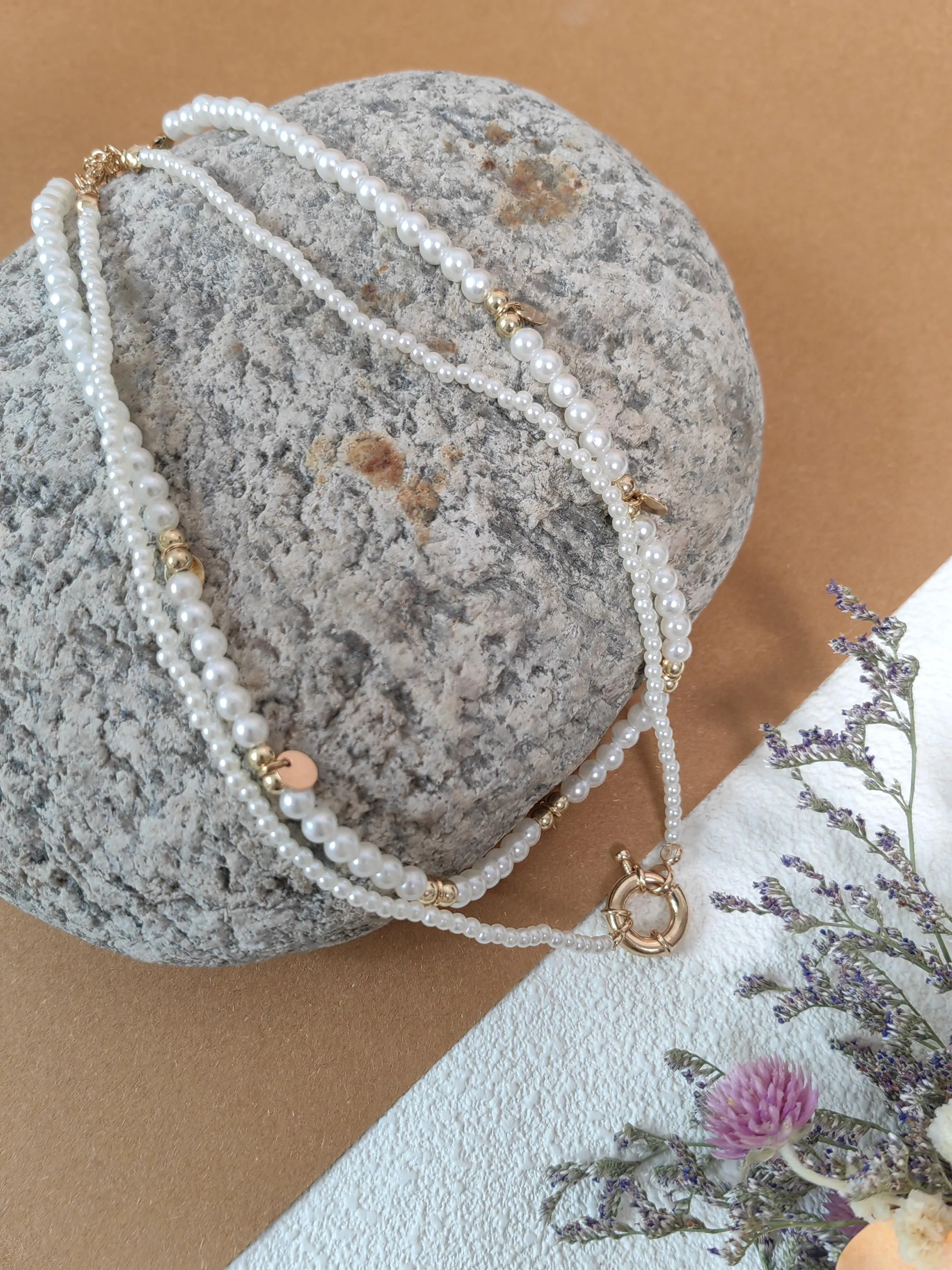 Elegant Double Strand Layered Imitation Pearl Beaded Disc Choker 2 Necklace Set