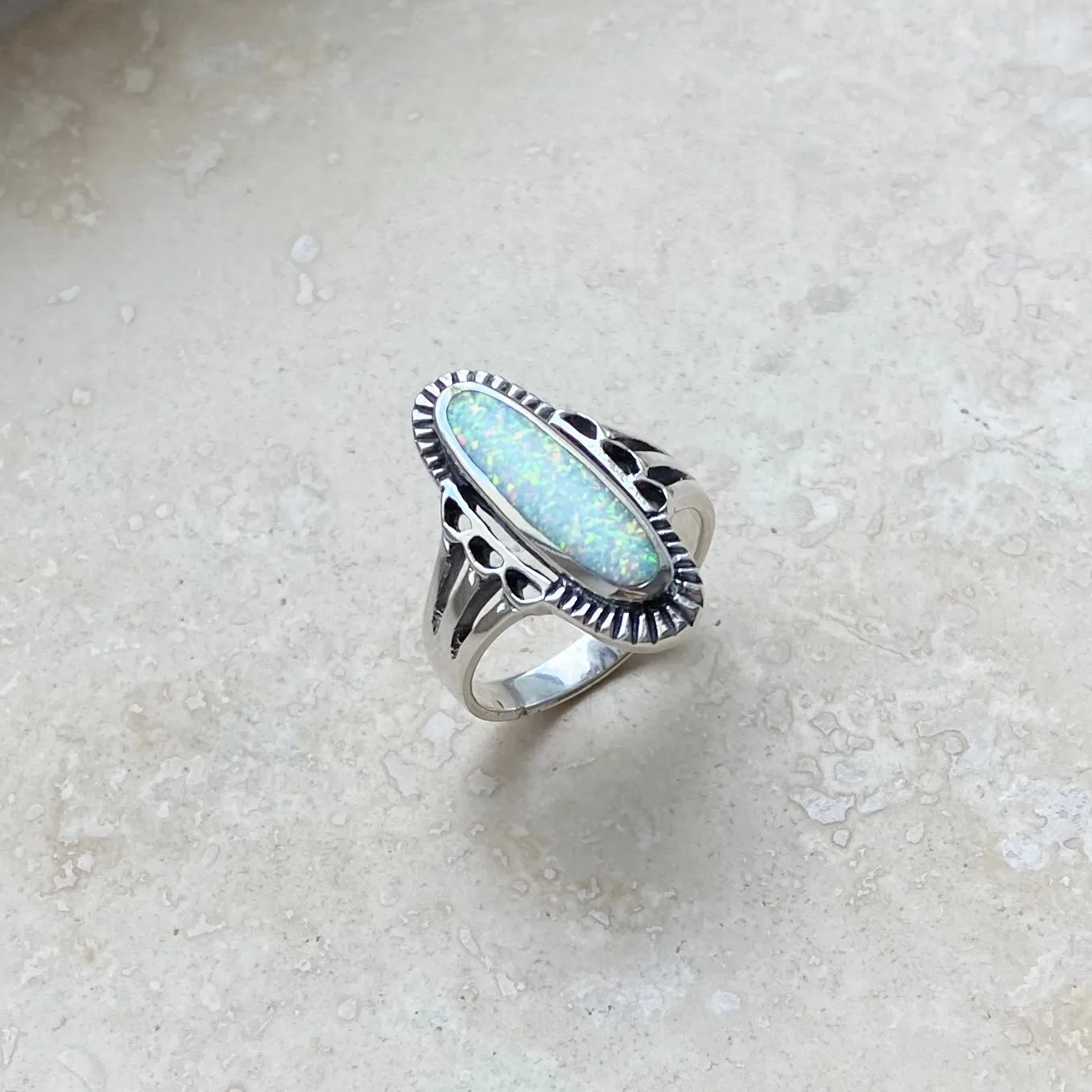 Sterling Silver Etched Oval White Lab Opal Ring, Silver Rings, Statement Ring, Opal Ring