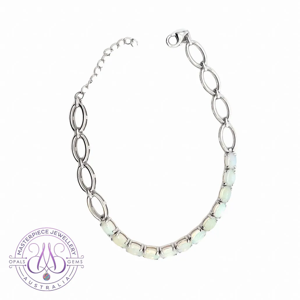 Sterling Silver White Opal 6x4mm tennis bracelet with oval link